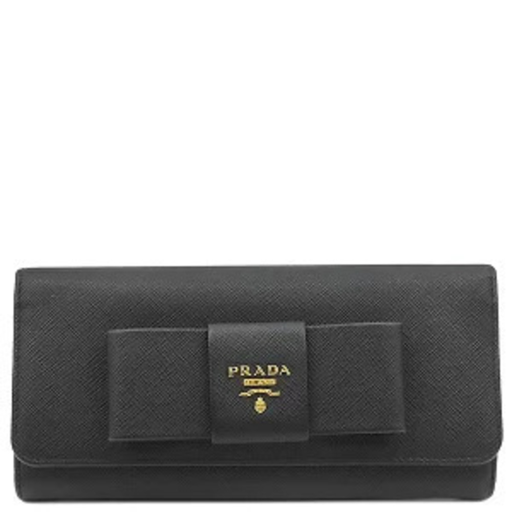 Prada Long Wallet Ribbon Flap Leather Saffiano NERO Black FIOCCO